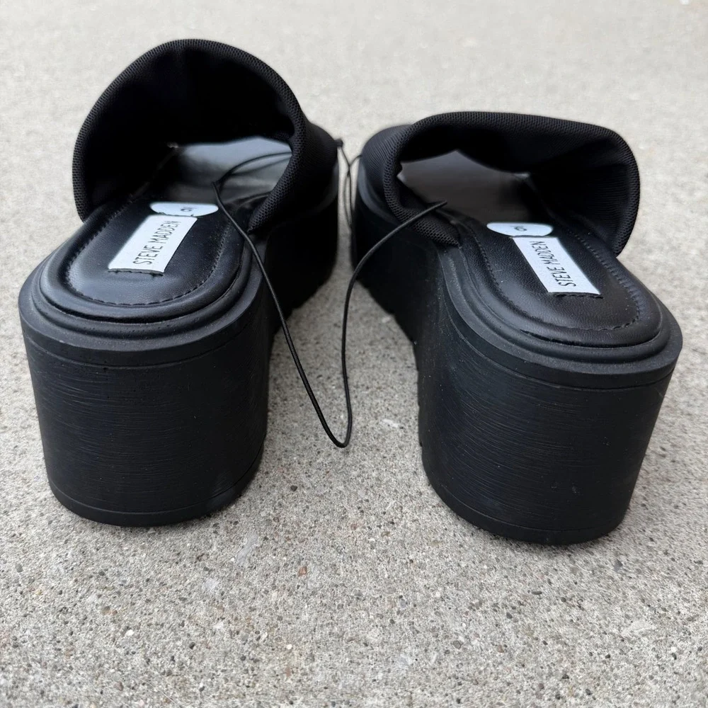 Steve Madden Overjoyed Black Platform Slide Wedge Sandals Sz 9 Chunky Lug Sole